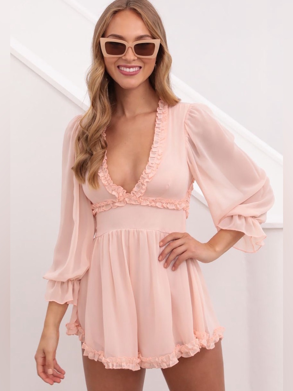 Lucy In The Sky Bettina Ruffle Romper Dress Salmon Pink Open Back Size M